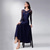 baratos Roupa de Competição-Vestido de dança de salão feminino azul marinho elegante manga longa malha gola cruzada valsa foxtrote tango competição vestido de apresentação
