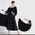 abordables Vêtements de Compétition-Robe de danse de salon pour femme, épaules dénudées, en mousseline, à volants, pour compétition de valse et de tango, avec strass – noire