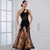 abordables Ropa de Competición-Vestido de baile de salón para mujer, elegante vestido de competición de tango y rumba con hombros asimétricos y malla de retazos de encaje negro