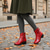 abordables Bottines-Bottines en cuir rouge pour femme avec appliqués floraux – bottines courtes vintage à talon moyen pour tenues décontractées et habillées
