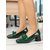 baratos Scarpins de salto bloco-Mocassins femininos verde-escuros com estampa de crocodilo e laço – elegantes sapatos de bico quadrado e salto bloco para uso diário, no trabalho e no escritório. &amp;mulheres profissionais