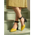 abordables Zapatos de salón de tacón ancho-Elegantes zapatos de tacón de bloque amarillos y negros para mujer: cómodos tacones de bloque con punta afilada y correa en el tobillo, ideales para la oficina o para ocasiones informales de negocios.