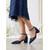 baratos Mãe da Noiva/Namorado-Sapatos de salto bloco azul-marinho para mulheres, com bordado em renda e detalhes em miçangas, elegantes sapatos para a mãe da noiva em casamentos na cidade, sapatos de salto alto com bico fino para