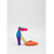preiswerte Pumps mit Blockabsatz-Leuchtend bunte Damen-Pumps mit Blockabsatz – knallorangefarbene High Heels mit spitzer Zehenpartie und neonpinkem Knöchelriemen &amp;lila Absatz für Cocktailpartys, Clubbesuche &amp;Modeveranstaltungen