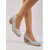abordables Escarpins à talon bloc-Escarpins argentés à talon bloc en dentelle pour femme - chaussures élégantes à bout fermé en dentelle florale avec un talon épais confortable effet bois, parfaites pour les mariages et le quotidien.