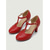voordelige Retro uit de jaren 50-Damespumps in retrostijl uit de jaren 50 met T-bandje - klassieke rode kunstleren hakken met brogue-details en verstelbare gesp, perfect voor rockabilly-evenementen of kantoor. &amp;vintage dagelijkse