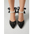 abordables Zapatos de salón de tacón ancho-Zapatos de tacón de bloque negros con encaje para mujer - elegantes zapatos de fiesta con tira de perlas para cócteles y eventos nocturnos.