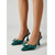 abordables escarpins à talon ouvert-Escarpins slingback en satin vert émeraude pour femme, bout pointu orné d'un nœud en perles, talons de 8,5 cm, parfaits pour les mariages, les cocktails et les événements formels.