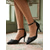 voordelige Retro uit de jaren 50-Dames pumps met stippenprint uit de jaren 50, zwart met spitse neus en enkelbandje. &amp;buiging voor kantoor, werk &amp;zakelijke casual