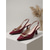 abordables escarpins à talon ouvert-Escarpins slingback bordeaux pour femme - escarpins à bout pointu et petits talons en cuir verni rouge vin, parfaits pour le bureau, les réunions professionnelles et les occasions spéciales.
