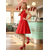 billiga 50-tals retro-Dampumps i spets från 1950-talet - röda, grova högklackade platåskor med rund tå och pärlrosett för kvällsfest &amp;bröllop