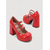 abordables Zapatos de salón de plataforma-Zapatos Mary Jane retro de plataforma para mujer: tacón de bloque rojo brillante con punta redonda y triple hebilla, ideales para la oficina o una elegante cita nocturna.