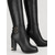 cheap Fashion Boots-Women's Black Knee High Boots in Faux Leather with Double Buckle Straps, Chunky Block Heel, Side Zip and Lug Sole for Fall Winter Office, Party and Night Out