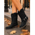 baratos Cowboy &amp; Western Boots-Botas femininas pretas estilo boho western estilo cowboy - botas de cano médio em camurça com decote em V bordado, salto baixo grosso e tiras com franjas, perfeitas para um estilo urbano e casual do