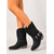 baratos Cowboy &amp; Western Boots-Botas femininas pretas estilo boho western estilo cowboy - botas de cano médio em camurça com decote em V bordado, salto baixo grosso e tiras com franjas, perfeitas para um estilo urbano e casual do