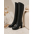 cheap Fashion Boots-Women's Black Knee High Boots in Faux Leather with Double Buckle Straps, Chunky Block Heel, Side Zip and Lug Sole for Fall Winter Office, Party and Night Out