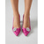 abordables Escarpins à talon bloc-Escarpins en satin rose fuchsia pour femme - élégants talons carrés à bout pointu et boucle en cristal strass, parfaits pour les cocktails, les dîners et les mariages.