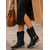 baratos Cowboy &amp; Western Boots-Botas femininas pretas estilo boho western estilo cowboy - botas de cano médio em camurça com decote em V bordado, salto baixo grosso e tiras com franjas, perfeitas para um estilo urbano e casual do