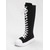 cheap Fashion Boots-Women's Black Canvas Knee High Boots, Lace Up Combat Boots with White Rubber Toe Cap and Flat Platform Sole for Women &amp; Teens, Gothic Streetwear, Cosplay and Festival Outfits