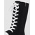 cheap Fashion Boots-Women's Black Canvas Knee High Boots, Lace Up Combat Boots with White Rubber Toe Cap and Flat Platform Sole for Women &amp; Teens, Gothic Streetwear, Cosplay and Festival Outfits