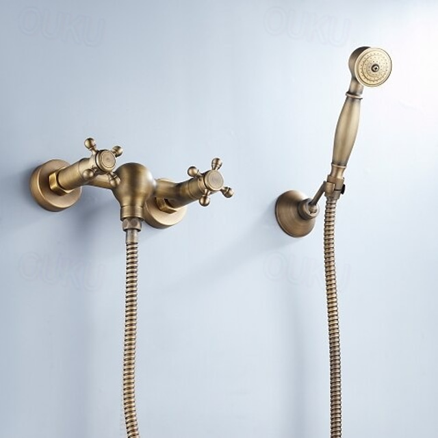 Bathtub Faucet with Handheld Shower,Wall Mounted Antique Brass Bath Tap