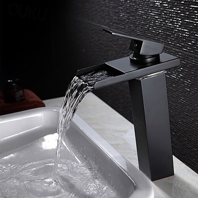  Bathroom Vessel Faucet Tall LED Waterfall Spout 3 Color Changes with Temperature, Sink Mixer Mono Basin Taps, Single Handle One Hole Brass Washroom Vessel Tap Deck Mounted