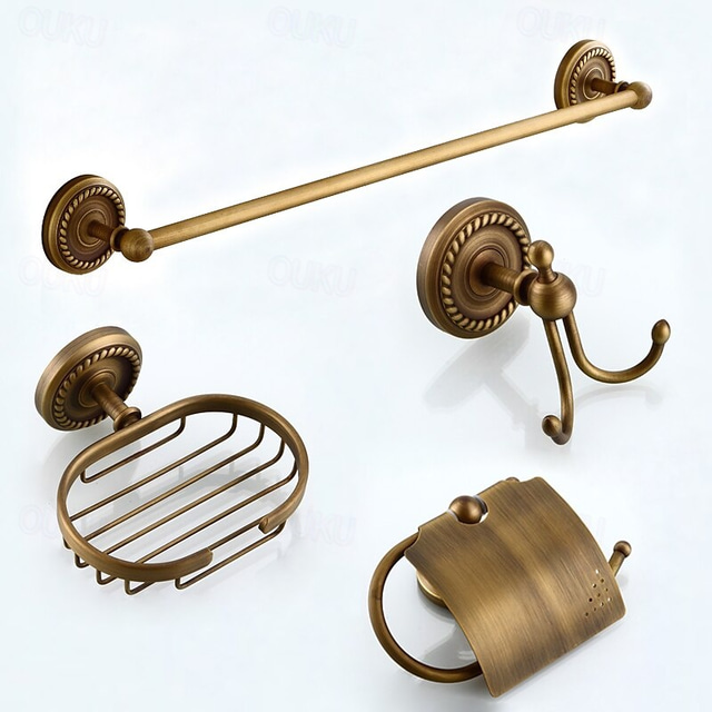  Multifunction Bathroom Accessory Set 4pcs Antique Brass Include Towel Bar Toilet Paper Holder Soap Dishes Holder and Robe Hook Wall Mounted