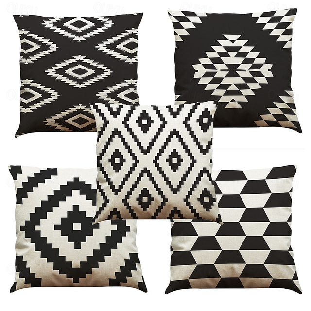  5 egyszínű színes kockás természetes / organikus párnahuzat, alkalmi retro hagyományos / klasszikus dobópárna kültéri párna kanapé kanapé székhez 45 * 45cm fekete fehér