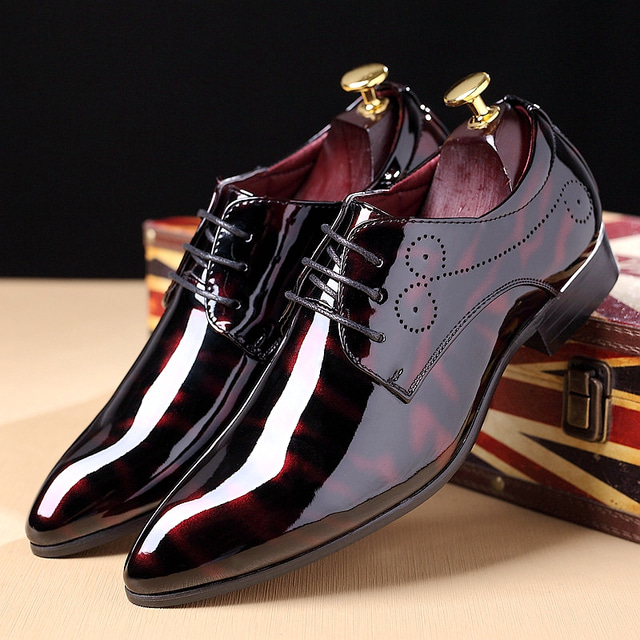  Men's Glossy Burgundy Patent Faux Leather Lace-Up Dress Shoes with Brogue Detailing - Formal Oxford Shoes for Weddings, Parties, and Business Events