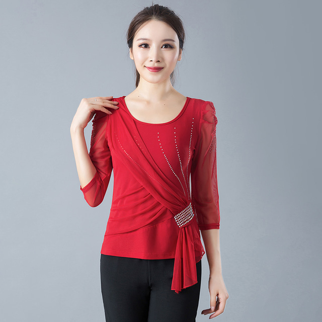  Ballroom Dance Top Ruching Crystals / Rhinestones Women's Training Performance 3/4 Length Sleeve Polyester