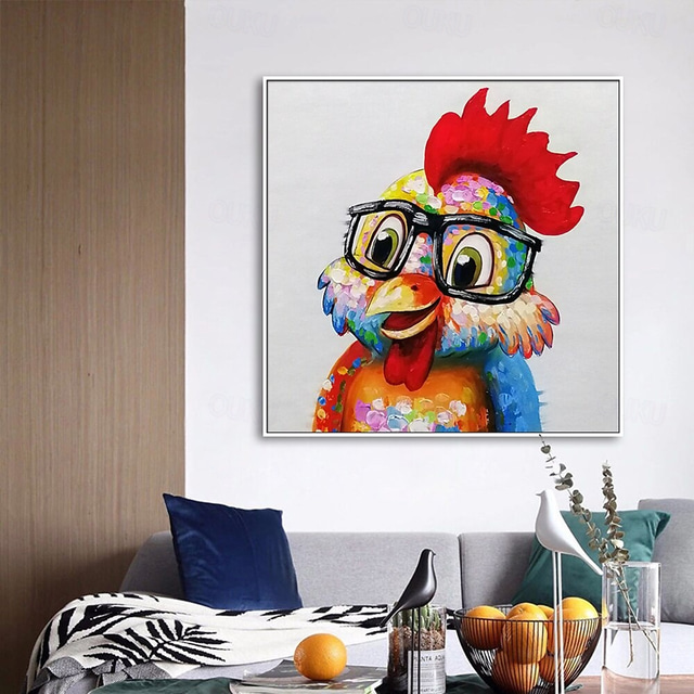  Nursery Oil Painting Handmade Hand Painted Wall Art Pop Cartoon Chicken Animal Home Decoration Décor Stretched Frame Ready to Hang