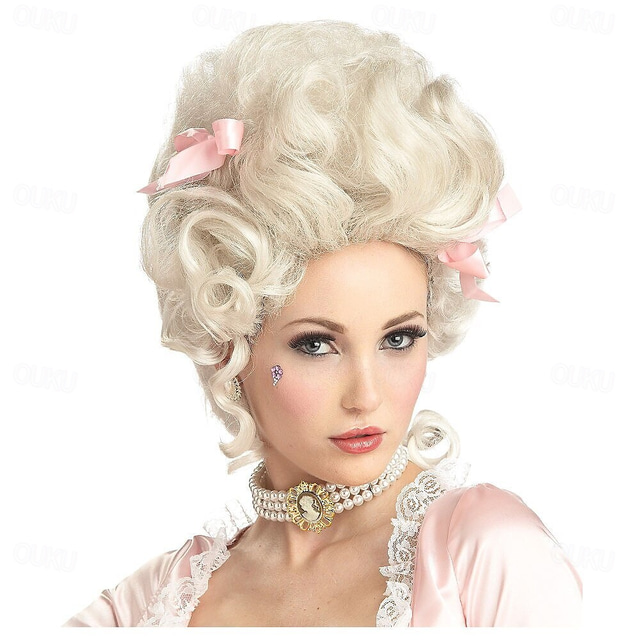  Perucce bionde per donne accessori per cosplay peruca riccia Maria Antonietta taglio stratificato peruca di media lunghezza capelli sintetici biondo platino da 14 pollici capelli biondi per matrimoni