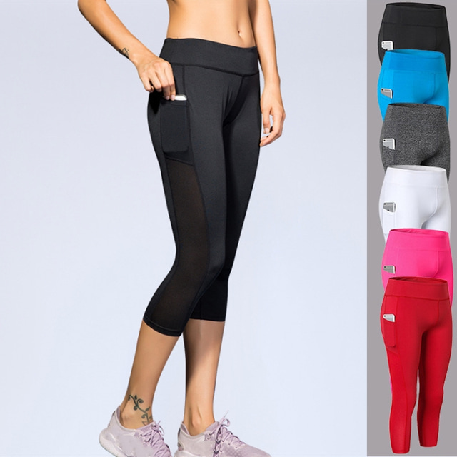  Women's Running Capri Leggings Compression Tights Leggings 3/4 Tights Solid Colored with Phone Pocket Pocket White Black Grey / Stretchy / Athletic