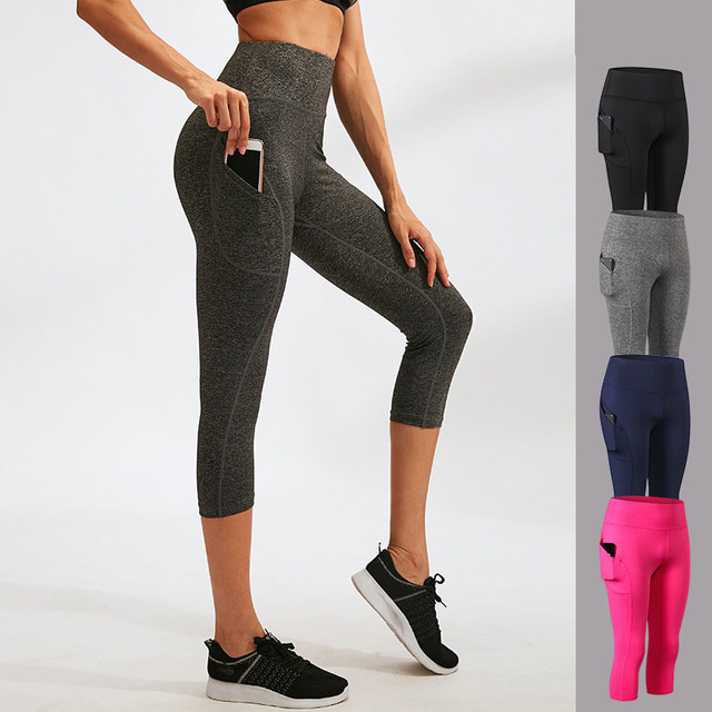  Women's Running Capri Leggings Running Cropped Tights 3/4 Tights Leggings Tummy Control Butt Lift Quick Dry with Phone Pocket Black Gray Fuchsia / Stretchy / Athletic / Athleisure / Skinny