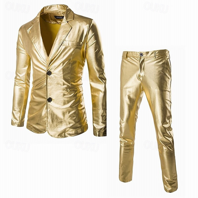  Disco 1980s Pants Suits & Blazers Lapel Collar Blazer Shiny Metallic Solid Color Turndown Men's Carnival Costume Christmas Halloween Carnival Party Club Pride Parade Adults' Tuxedo Spring Fall