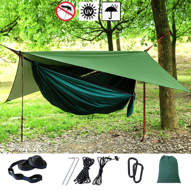  Camping Hammock with Mosquito Net Hammock Rain Fly Outdoor Portable Sunscreen Anti-Mosquito Ultra Light (UL) Breathable Parachute Nylon with Carabiners and Tree Straps for 2 person Camping / Hiking
