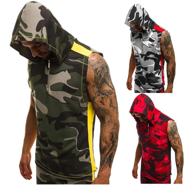  Men's Yoga Top Tank Top Summer Zipper Optical Illusion White Army Green Cotton Yoga Fitness Gym Workout Tank Top Sleeveless Sport Activewear Breathable Quick Dry Comfortable Micro-elastic Slim