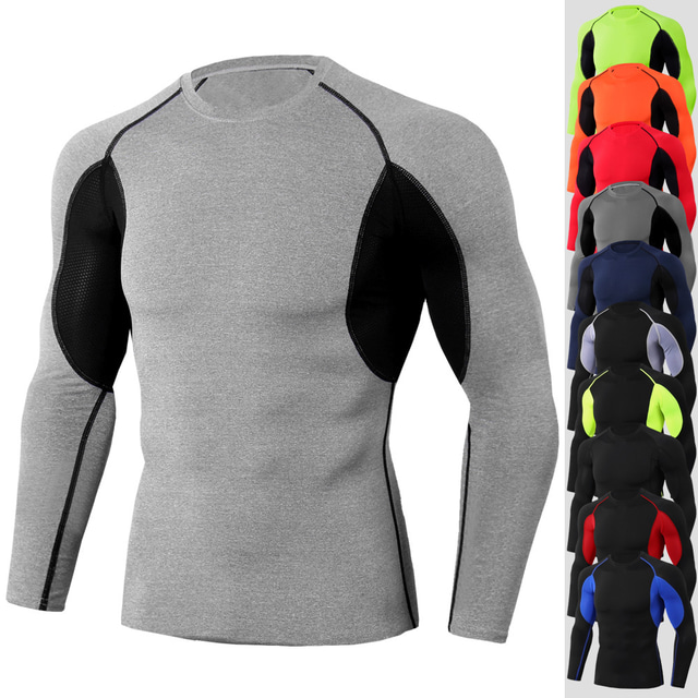  Men's Compression Shirt Running Shirt Long Sleeve Top Athletic Winter Breathable Moisture Wicking Soft Running Active Training Jogging Sportswear Activewear Color Block Black White Red