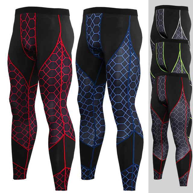  Men's Running Tights Leggings Compression Tights Leggings Winter Base Layer Tights Leggings Honeycomb Quick Dry Moisture Wicking Black Black+Gray Black Red / Stretchy / Athletic