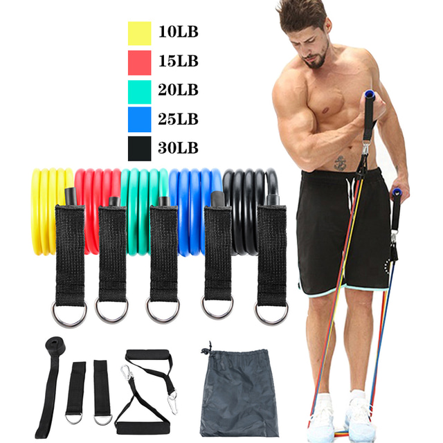  Resistance Band Set 11 pcs 5 Stackable Exercise Bands Door Anchor Legs Ankle Straps Sports TPE Gym Workout Pilates Exercise & Fitness Heavy-duty Carabiner Adjustable Durable Resistance Training