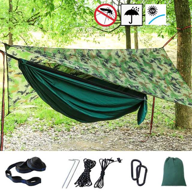  Hamac de camping cu plasă de țânțari Hamac de Ploaie În aer liber Portabil Cremă Cu Protecție Solară Anti Țânțar Ultra Ușor (UL) Respirabil Parașută din nailon cu carabine și curele de copac pentru 2