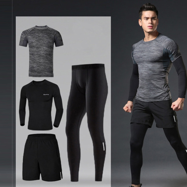  Set de îmbrăcăminte activă pentru bărbați, 4 buc, ținute de antrenament, sport, sport, spandex, reflectorizant, uscat rapid, respirabil, alergare, antrenament activ, jogging, îmbrăcăminte sport, negru, gri deschis