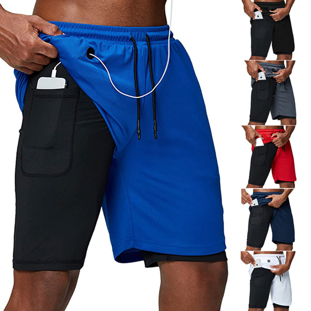  Men's Running Shorts Running 2 in 1 Tight Shorts Sports Shorts Bottoms Solid Colored Quick Dry 2 in 1 with Phone Pocket Liner Navy White / Black Black / Stretchy / Athletic