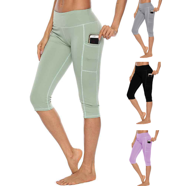  Pentru femei Jambiere Sports Gym Leggings Pantaloni de yoga Spandex Mov Deschis Negru Gri Toamnă Primăvară 3/4 Ciorapi Jambiere Capri Controlul abdomenului Lift Fesier Întindere pe 4 căi Buzunare