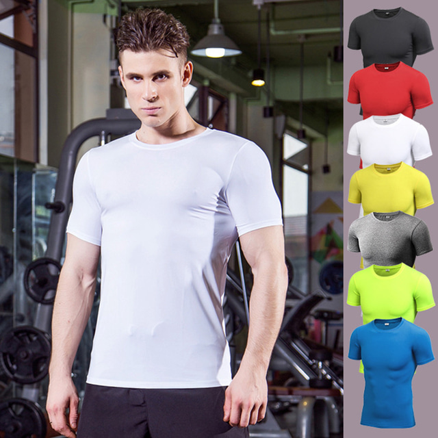  Men's Compression Shirt Running Shirt Tee Tshirt Top Athletic Athleisure Breathable Quick Dry Soft Fitness Gym Workout Performance Running Training Sportswear Solid Colored White Black Green Blue