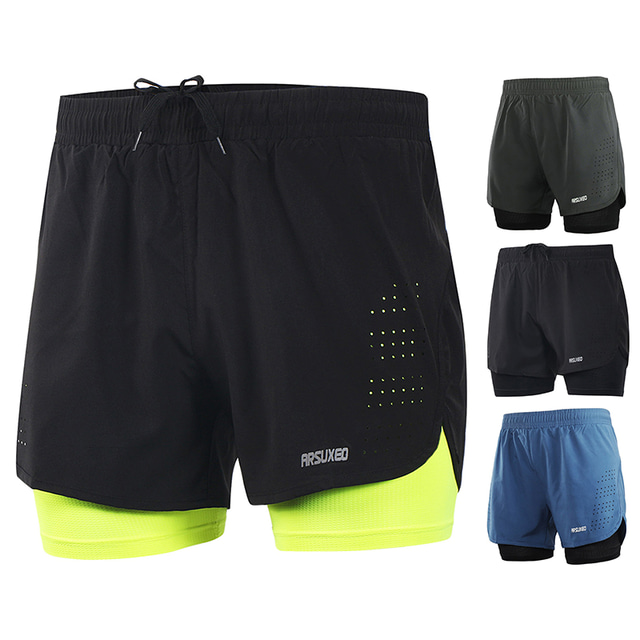  löparshorts för män löpning 2 i 1 tighta shorts sportshorts sommartrosor fluorescerande snabbtorkande lättvikts 2 i 1 liner delad ljusgul svart grå / stretchig / atletisk / plus size