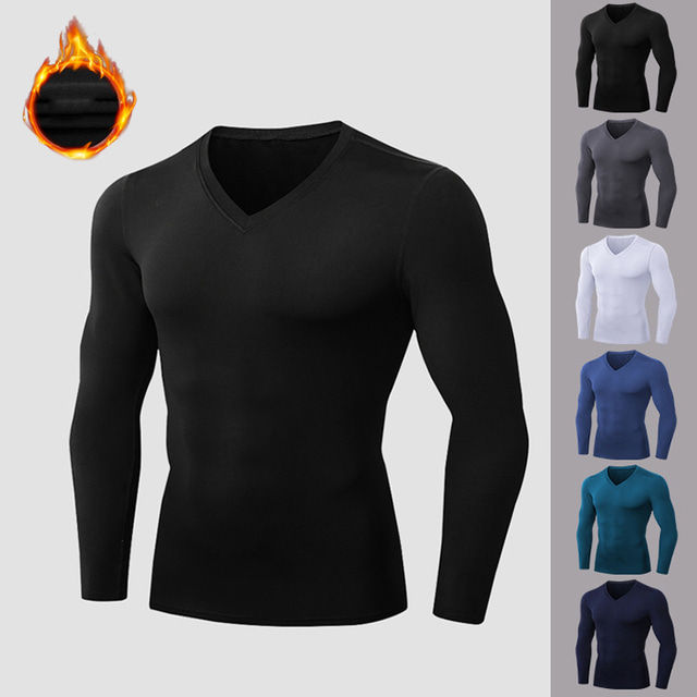  Men's Long Sleeve V Neck Compression Shirt Running Shirt Tee Tshirt Top Athletic Athleisure Winter Fleece Thermal Warm Breathable Quick Dry Fitness Gym Workout Running Training Sportswear Solid