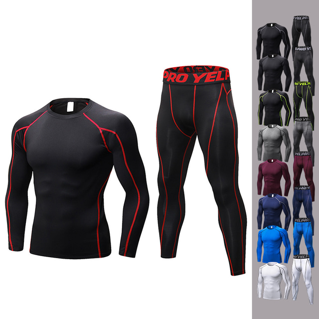  Men's 2 Piece Activewear Set Workout Outfits Compression Suit Athletic Long Sleeve Anatomic Design Quick Dry Breathability Fitness Gym Workout Basketball Running Jogging Sportswear Solid Colored