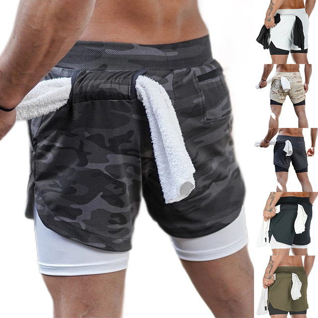  Men's 2 in 1 Running Shorts Athletic Bottoms Liner Towel Loop Fitness Gym Workout Running Jogging Trail Quick Dry Breathable Soft Sport Dark Grey White Black Khaki Army Green Gray / Stretchy