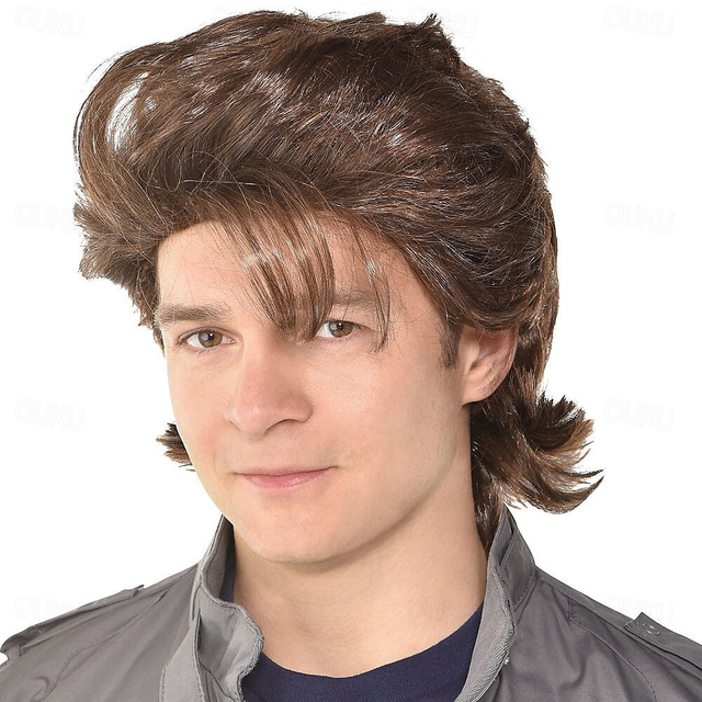  Funny mens    Wig Cosplay Wig Steve Harrington Loose Curl Asymmetrical Wig Short Brown Synthetic Hair Men‘s Anime Cosplay Exquisite Brown Carnival Wig